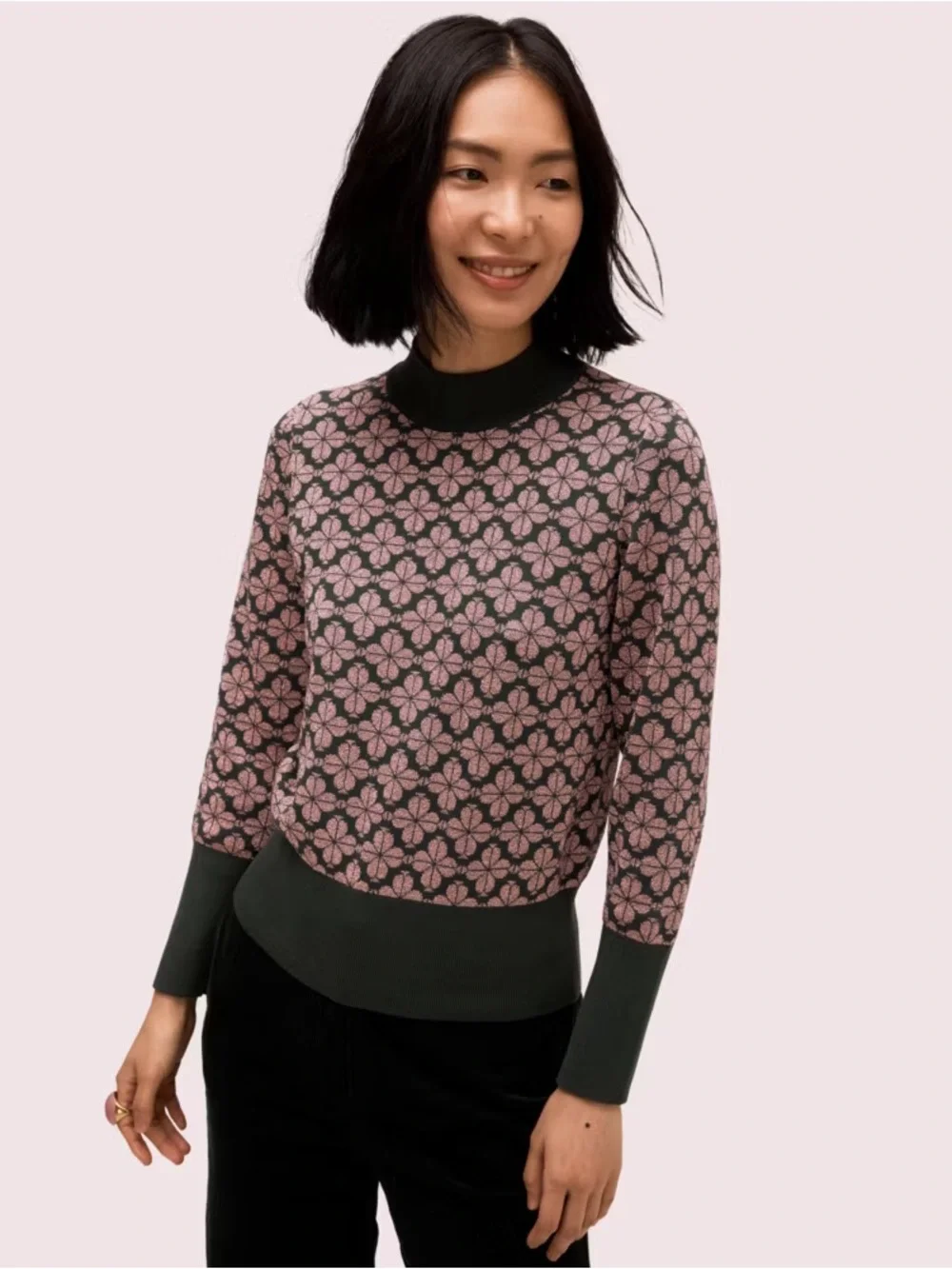 Kate Spade Metallic Floral Shimmer Mock Neck Sweater Pink Black XS